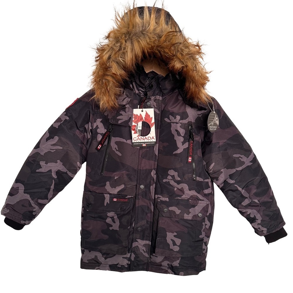 NWT Canada Weather Gear Parka Faux Fur Hood SZ 7 Black Camo Unisex Winter Warm